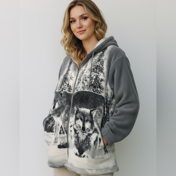 Gray and White Wolf Print Fleece Hoodie - Picture 3 of 5